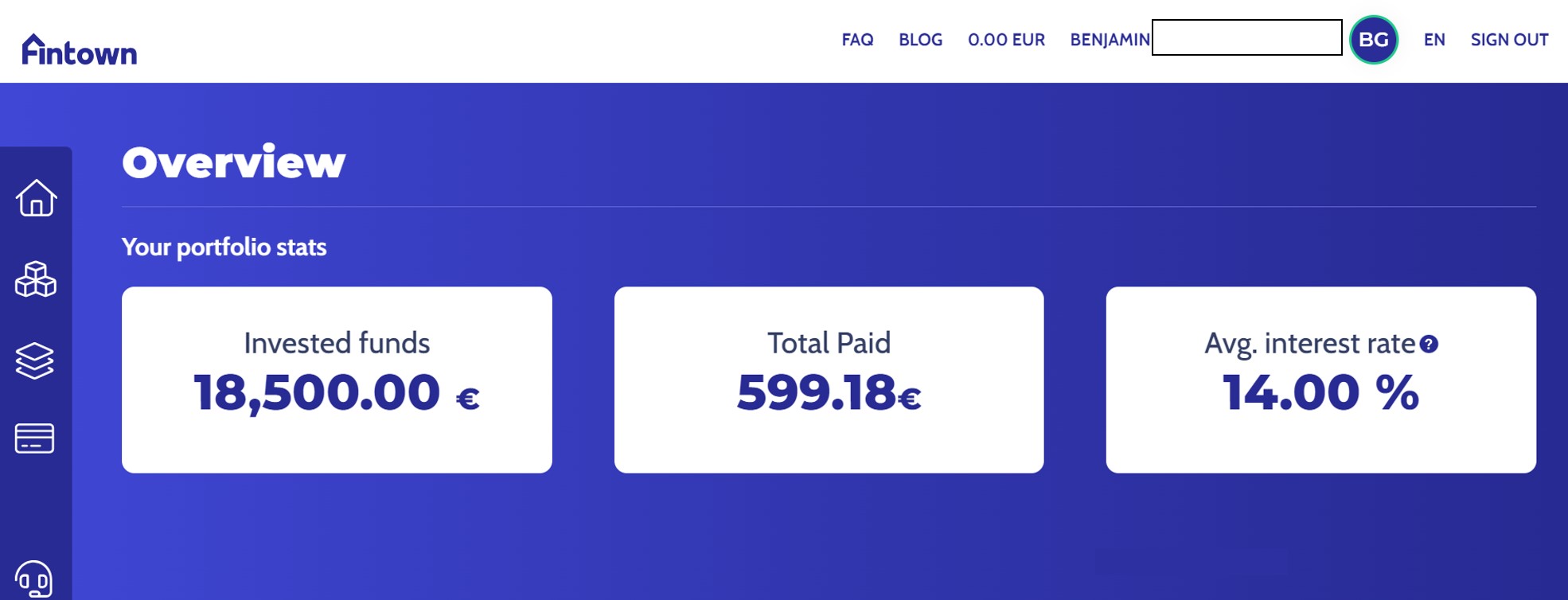 Capture d'écran du portefeuille Fintown avec 15k€